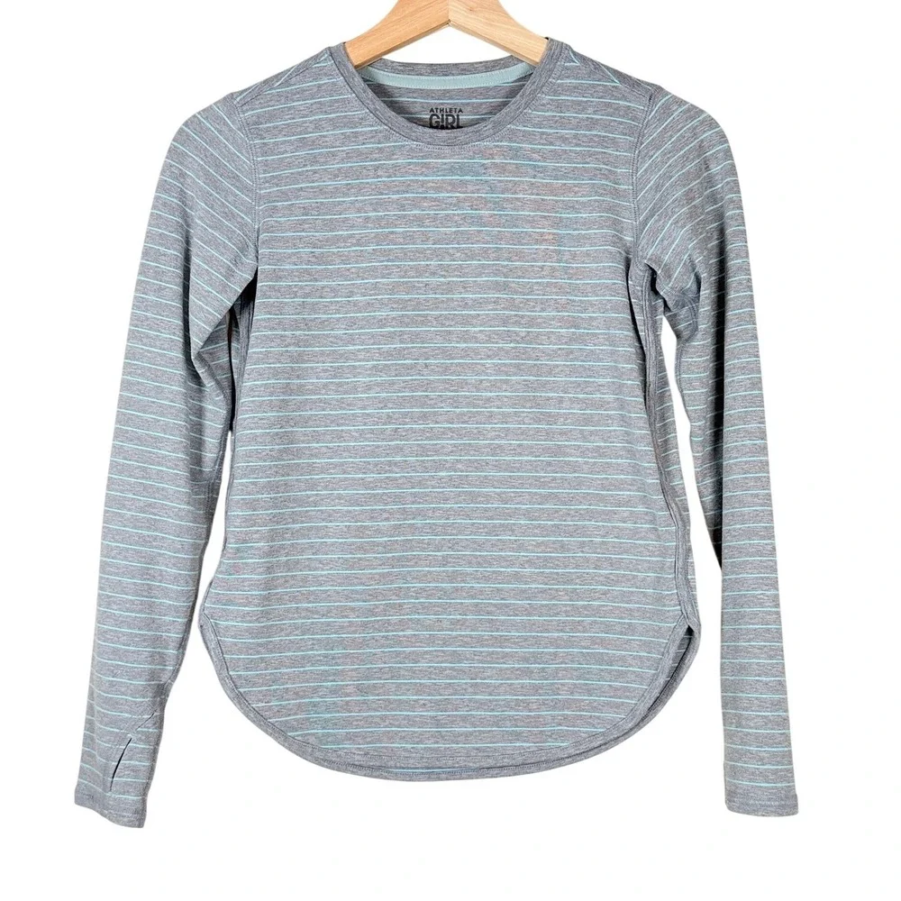 Athleta Girl Kids Grey Teal Striped Long Sleeve Thumbhole Active Top Size M 8-10